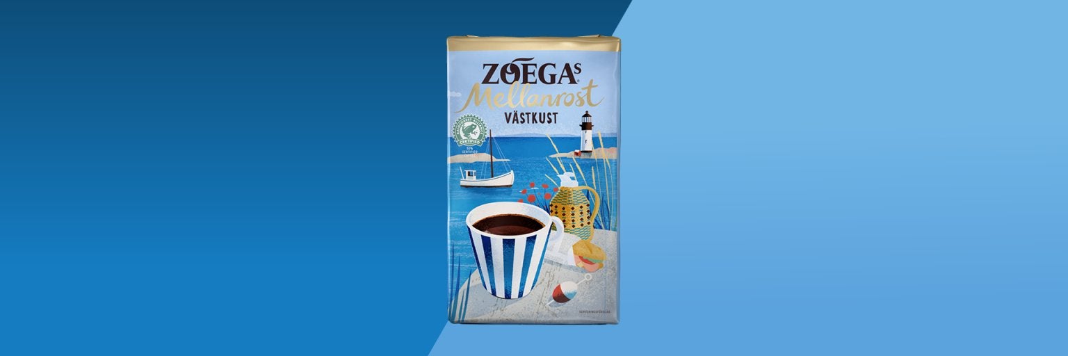 bild på ett västkust kaffepaket med blå bakgrund 