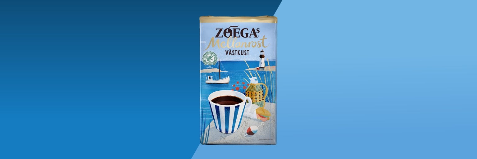 bild på ett västkust kaffepaket med blå bakgrund