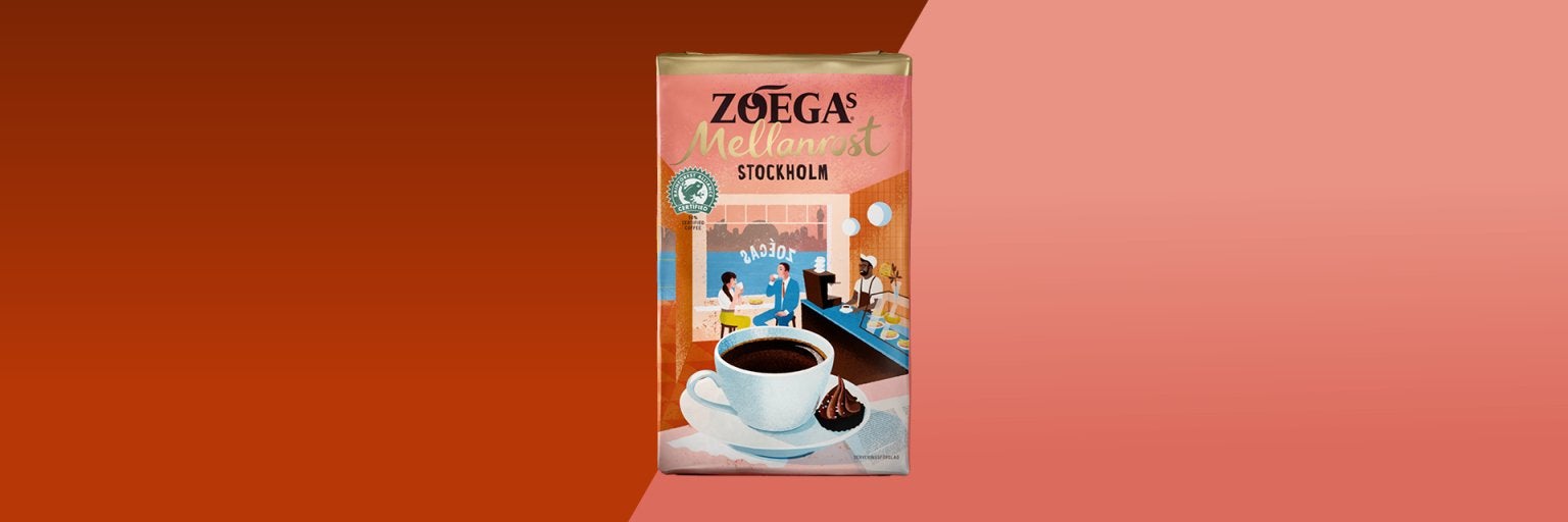 bild på kaffepaket med röd bakgrund