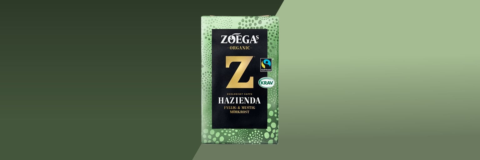 Bild på kaffepaket Hazienda med grön bakgrund 