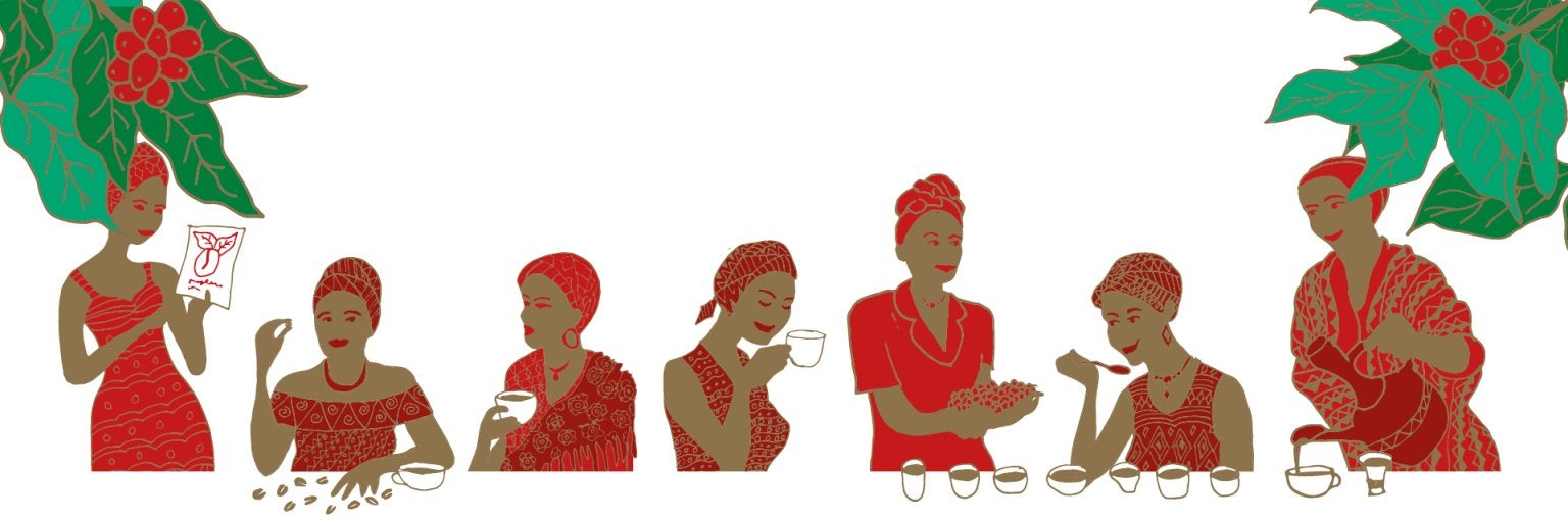 Illustration kvinnor som dricker kaffe. Zoégas julkaffe hållbarhetsprojekt