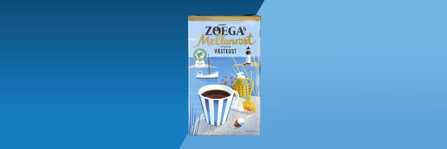 bild på ett västkust kaffepaket med blå bakgrund