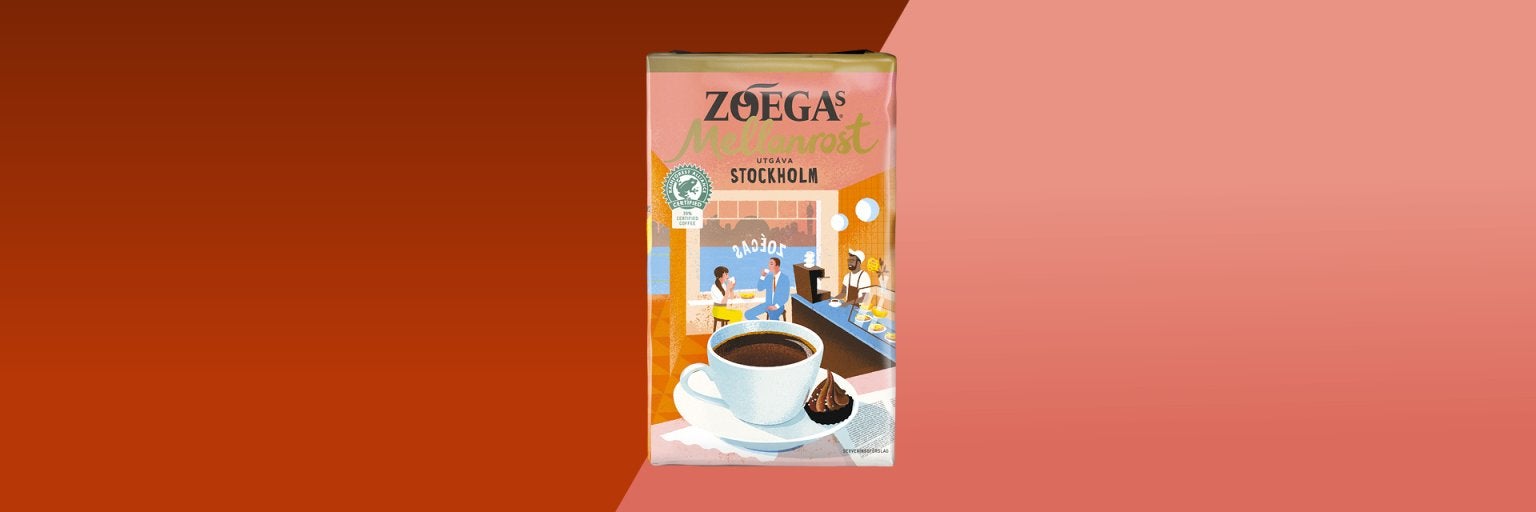 bild på kaffepaket med röd bakgrund