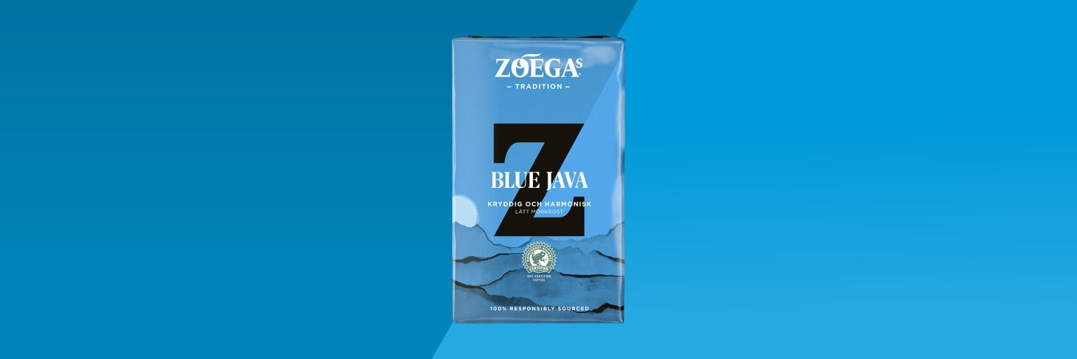 Zoegas Blue Java med en blå bakgrund 