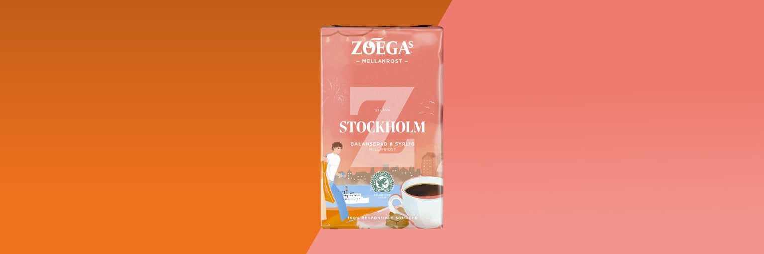 bild på kaffepaket med röd bakgrund