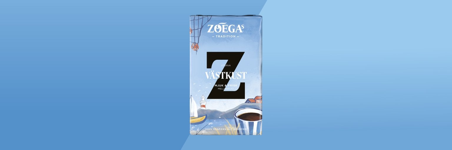 bild på ett västkust kaffepaket med blå bakgrund