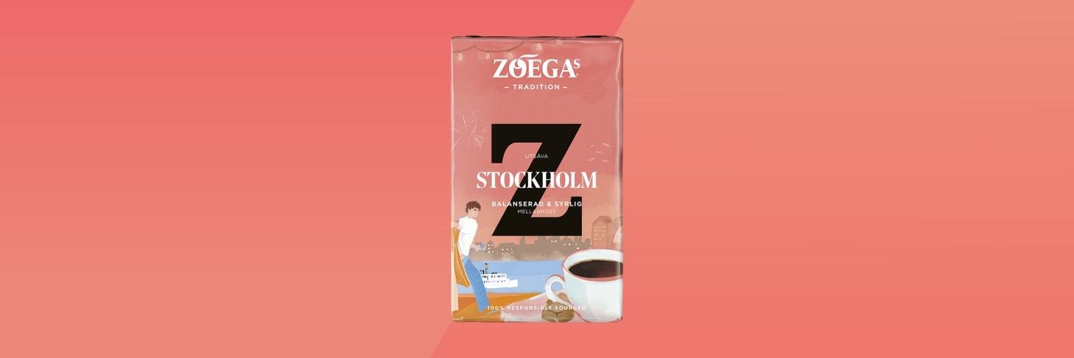 bild på kaffepaket med röd bakgrund