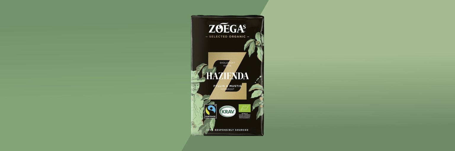 Bild på kaffepaket Hazienda med grön bakgrund 