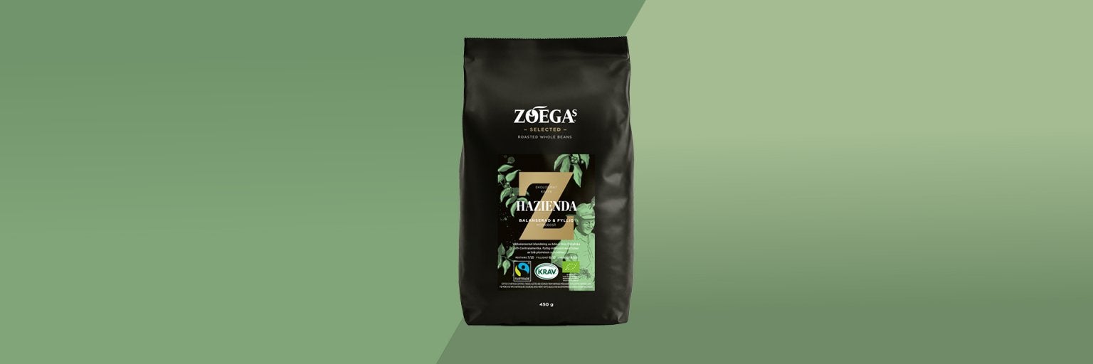 bild av ett paketkaffe med grön bakgrund 
