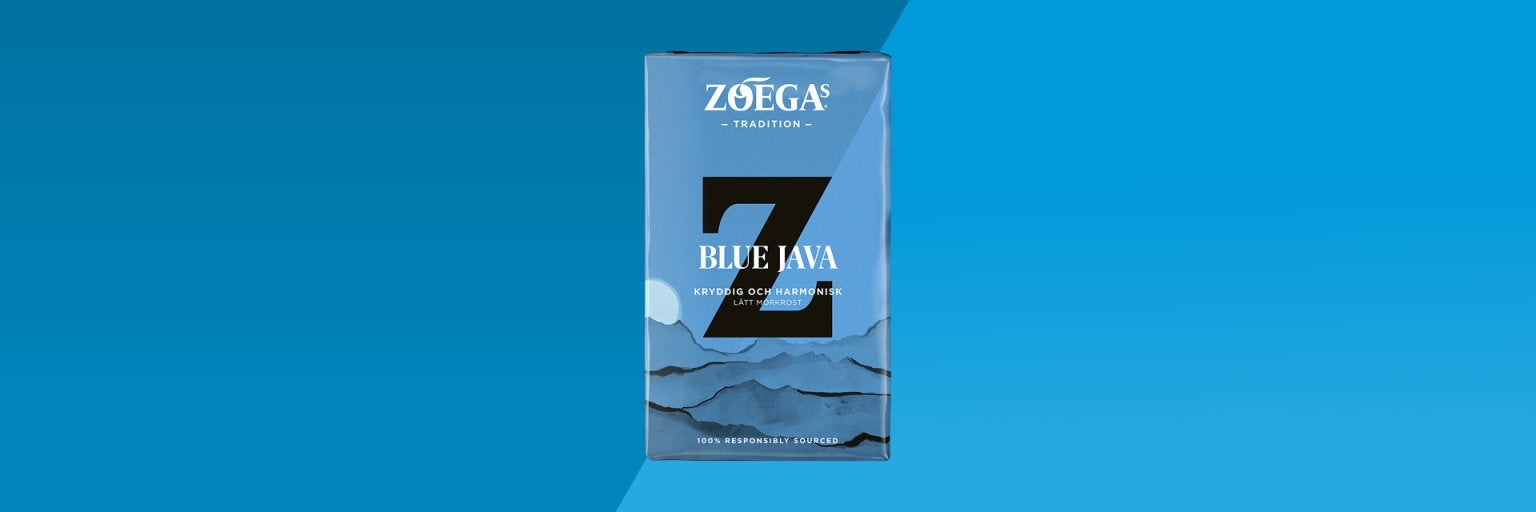 Zoegas Blue Java med en blå bakgrund 