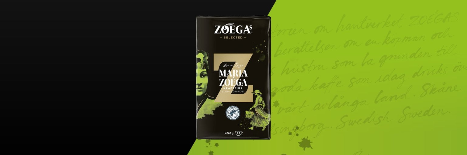 Bild på Zoegas kaffepaket Maria Zoéga med grön bakgrund 