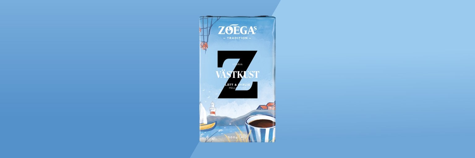 bild på ett västkust kaffepaket med blå bakgrund 