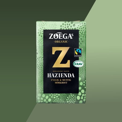 Bild på kaffepaket Hazienda med grön bakgrund 