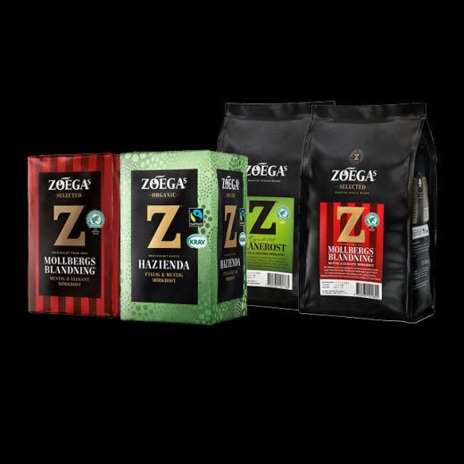 Bild på 4 kaffepaket med svart bakgrund