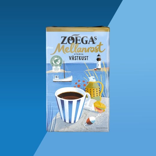 bild på ett västkust kaffepaket med blå bakgrund 