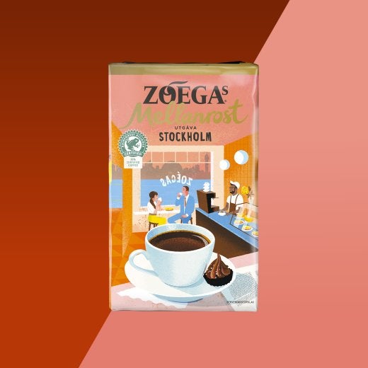 Picture of ground coffee package with red background 