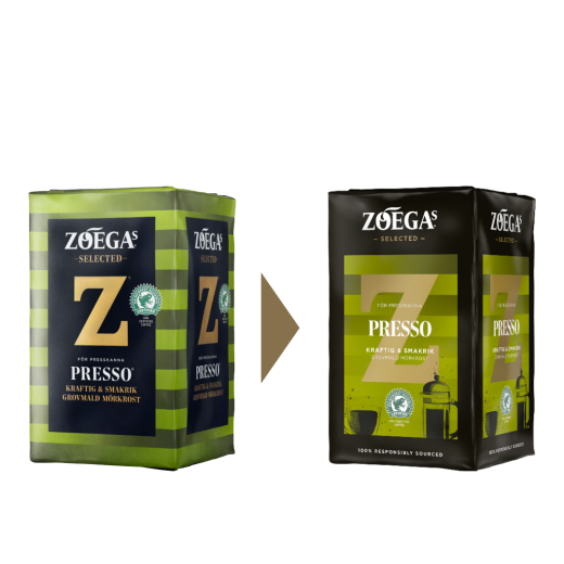 2 Zoégas kaffepaket före och efter design
