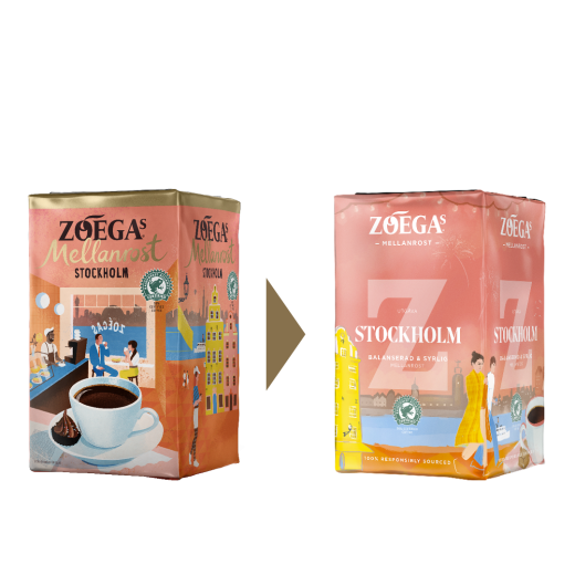 2 Zoégas kaffepaket före och efter design