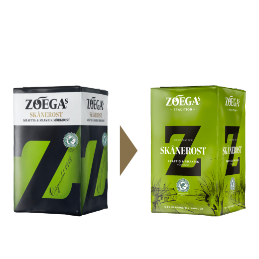 2 Zoégas kaffepaket före och efter design