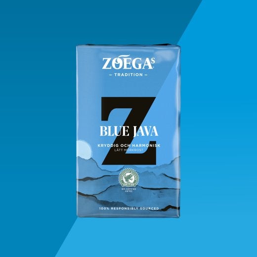 Zoegas Blue Java med en blå bakgrund 