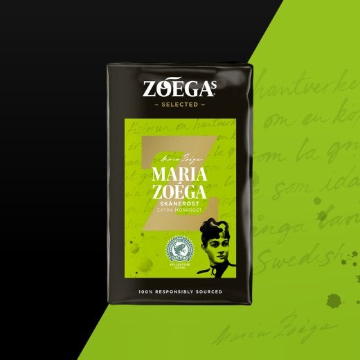 Bild på Zoegas kaffepaket Maria Zoéga med grön bakgrund 