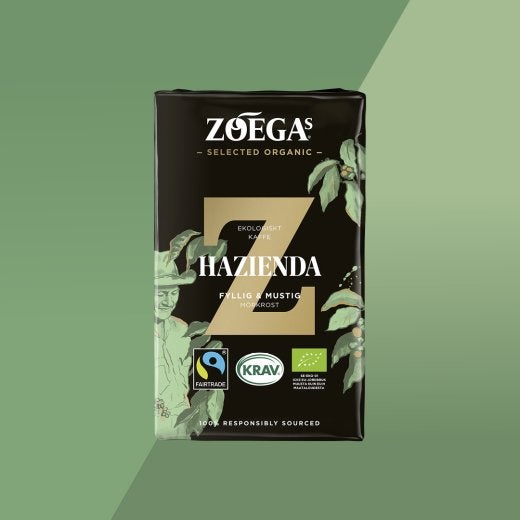 Bild på kaffepaket Hazienda med grön bakgrund 