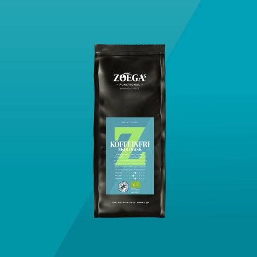 Kuva Decaf Organic -kahvista sinisellä taustalla