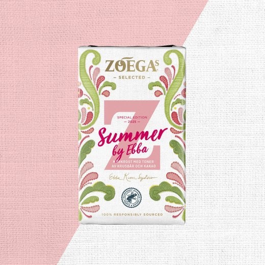 Bild på kaffepaket Sommarkaffe med rosa/vit bakrund