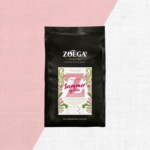 Bild på ett paket kaffe med rosa/vit bakgrund
