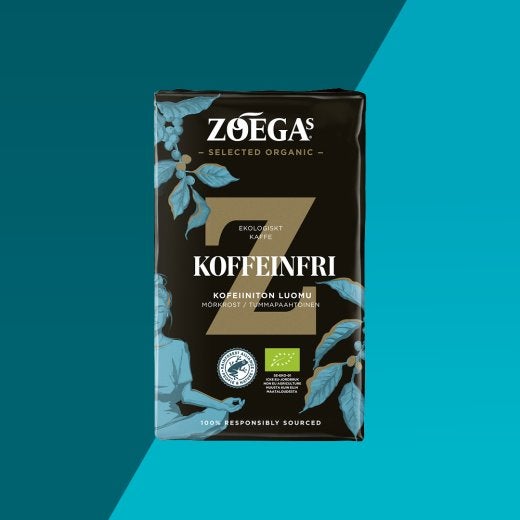 Kuva Decaf Organic -kahvista sinisellä taustalla