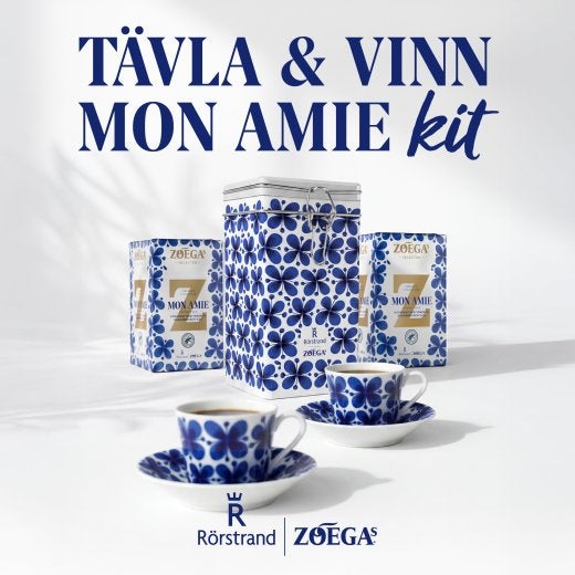 bild på kaffeburk, koppar och kaffepaket 