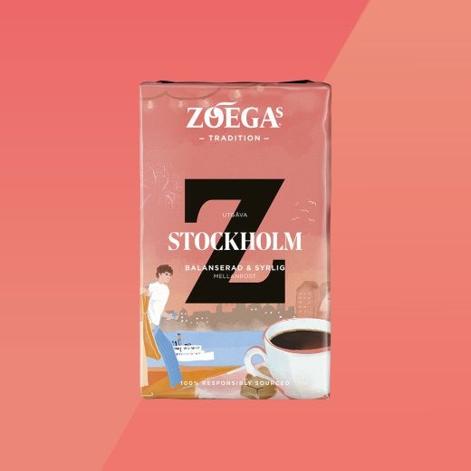 bild på kaffepaket med röd bakgrund