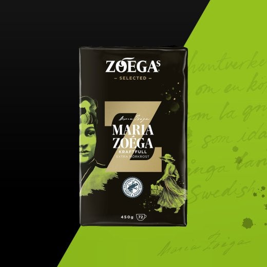 Bild på Zoegas kaffepaket Maria Zoéga med grön bakgrund 