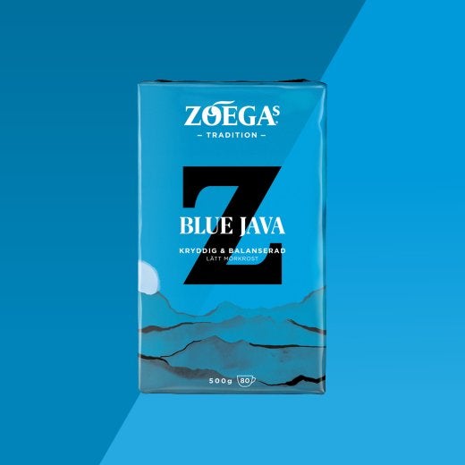 Zoegas Blue Java med en blå bakgrund 