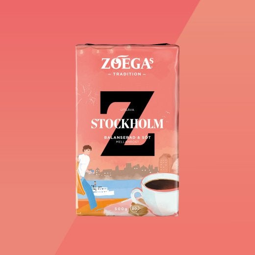 bild på kaffepaket med röd bakgrund